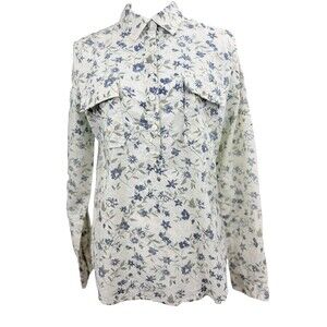 Levi’s Women Floral Button Front Shirt Utility Pocket Long Sleeve Cream Blue Top